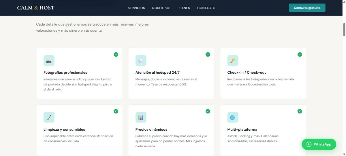 Servicios de Calm & Host: fotografía, atención al huésped, check-in y limpieza