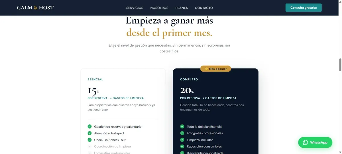 Planes de Calm & Host: Esencial al 15% y Completo al 20% por reserva