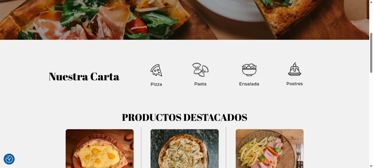 La carta en español, con las categorías pizza, pasta, ensalada y postres