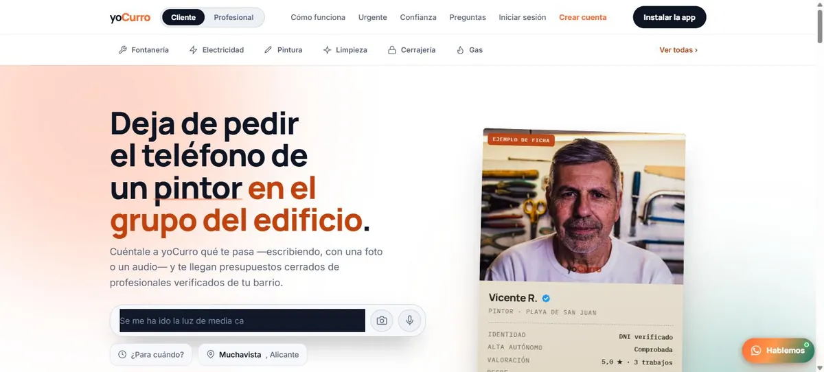 Portada de yoCurro con el buscador de avisos por texto, foto o audio